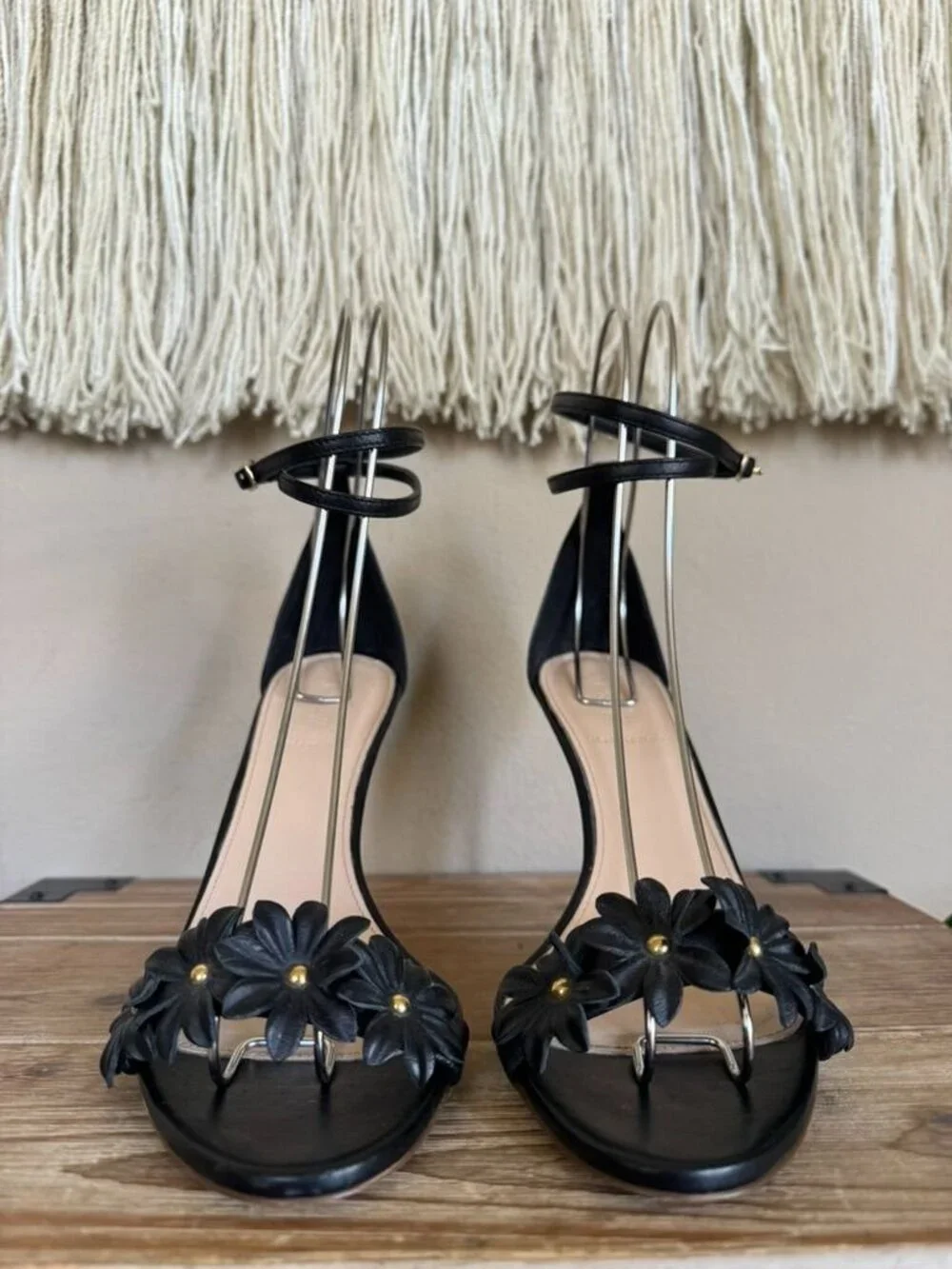 J. CREW Black Leather 3-D Floral Ankle Wrap Open Toe Stiletto Sandals Size 9